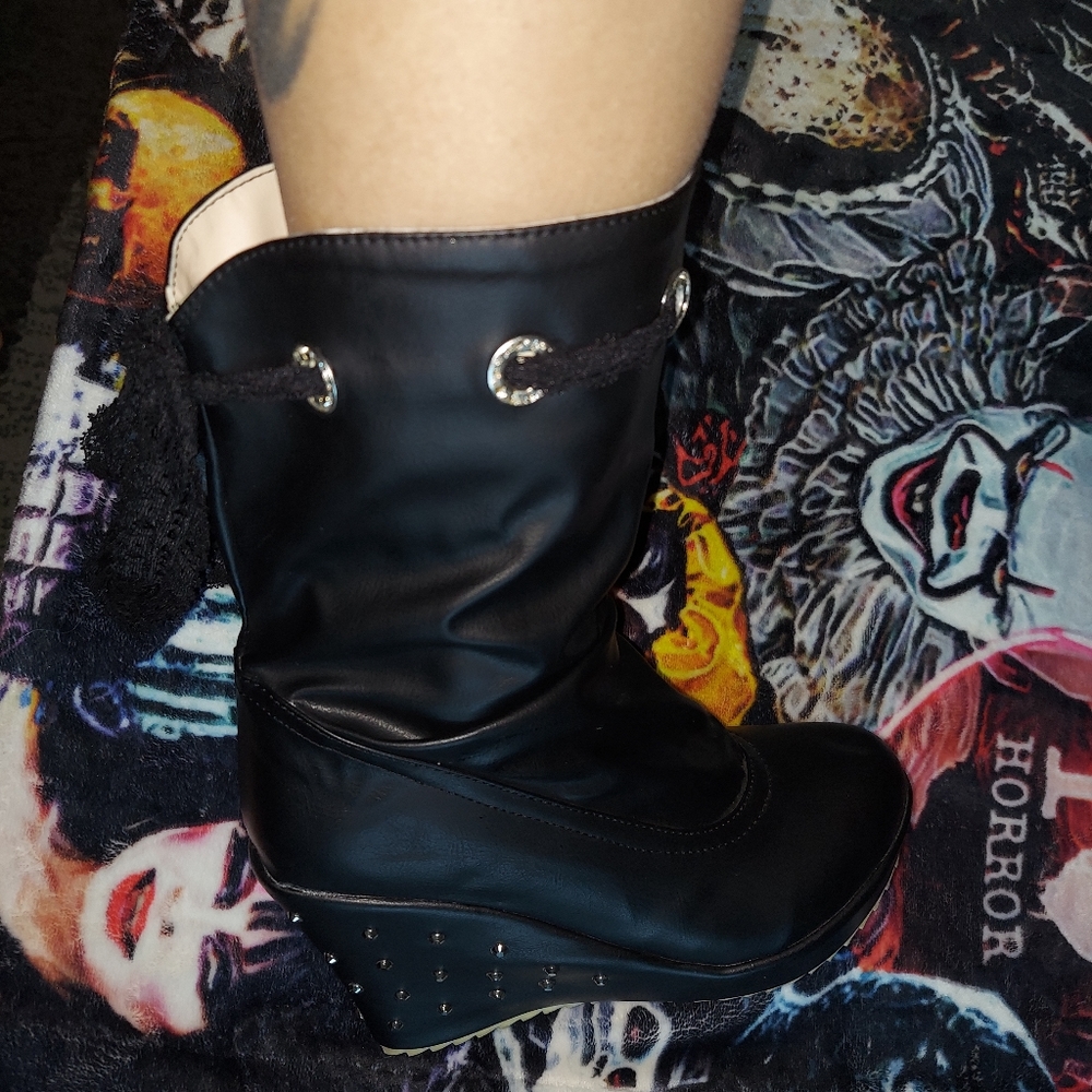 Womens Wedges Platform Mid Calf Boots Rivet Lace Up Black